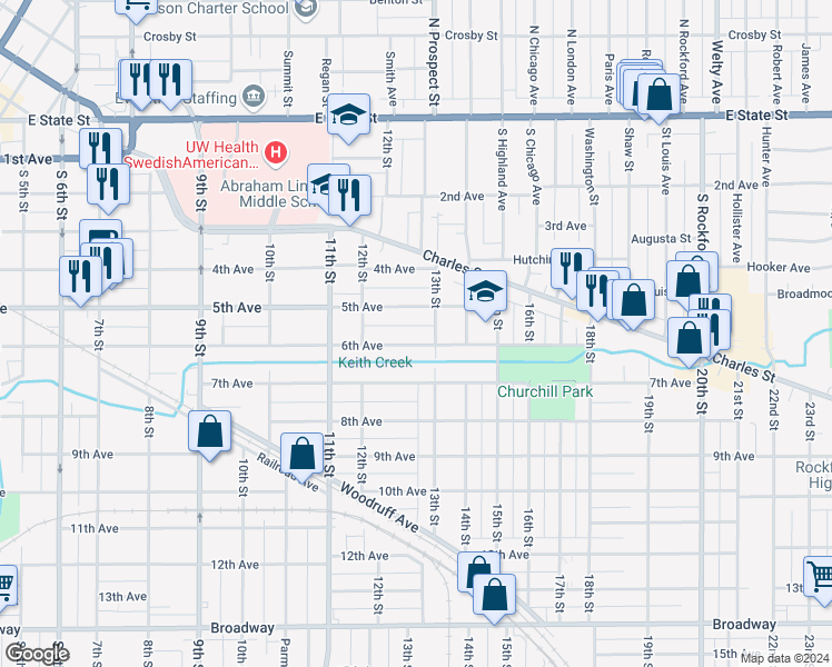 map of restaurants, bars, coffee shops, grocery stores, and more near 1649 5th Avenue in Rockford