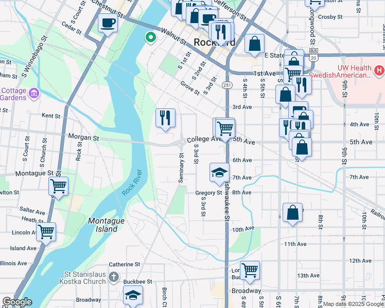 map of restaurants, bars, coffee shops, grocery stores, and more near 623 South 3rd Street in Rockford