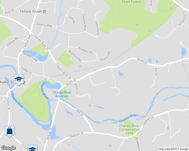 map of restaurants, bars, coffee shops, grocery stores, and more near 1254 South Street in Needham