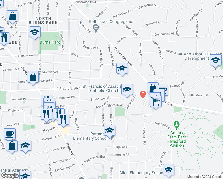 map of restaurants, bars, coffee shops, grocery stores, and more near 2220 East Stadium Boulevard in Ann Arbor