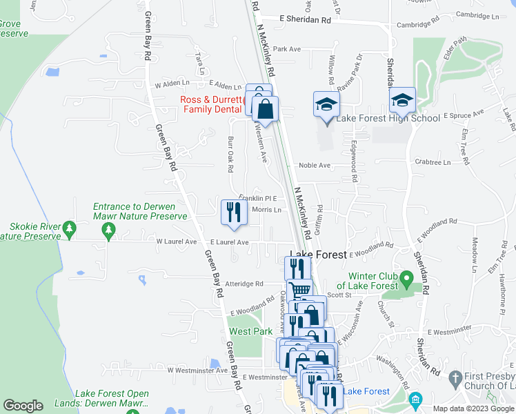 map of restaurants, bars, coffee shops, grocery stores, and more near 100 Morris Lane in Lake Forest