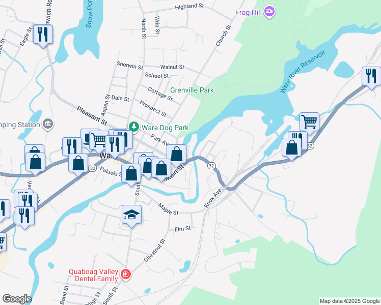 map of restaurants, bars, coffee shops, grocery stores, and more near 21 Canal Street in Ware