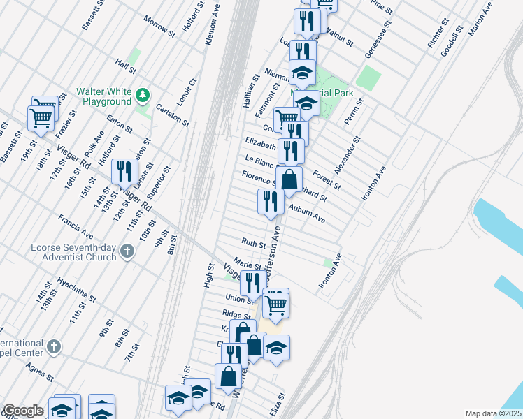 map of restaurants, bars, coffee shops, grocery stores, and more near 20 Rockwood Avenue in Ecorse