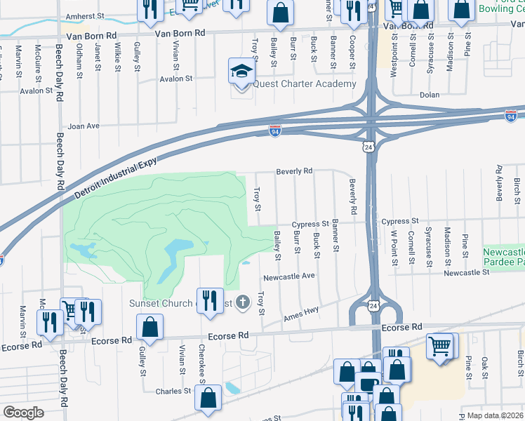 map of restaurants, bars, coffee shops, grocery stores, and more near 6521 Troy Street in Taylor