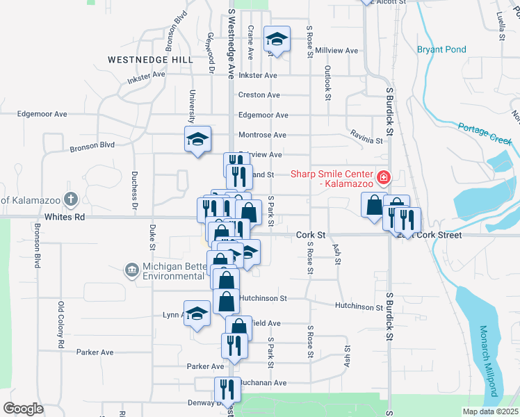 map of restaurants, bars, coffee shops, grocery stores, and more near 435 Whitcomb Street in Kalamazoo