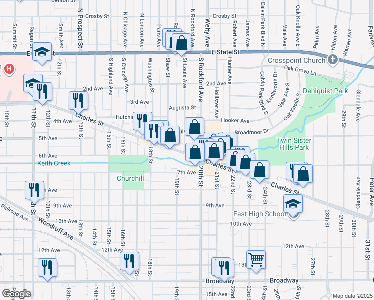 map of restaurants, bars, coffee shops, grocery stores, and more near 2316 Charles Street in Rockford