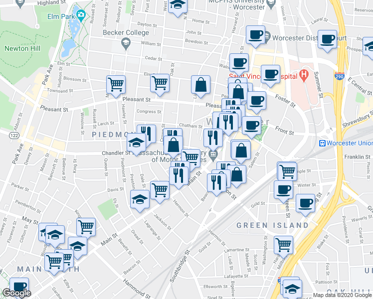 map of restaurants, bars, coffee shops, grocery stores, and more near 49 Austin Street in Worcester
