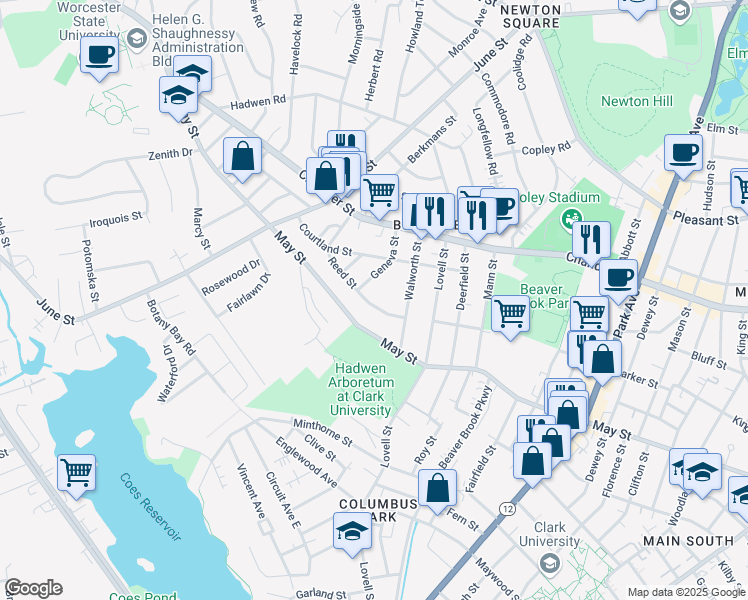 map of restaurants, bars, coffee shops, grocery stores, and more near 53 Reed Street in Worcester