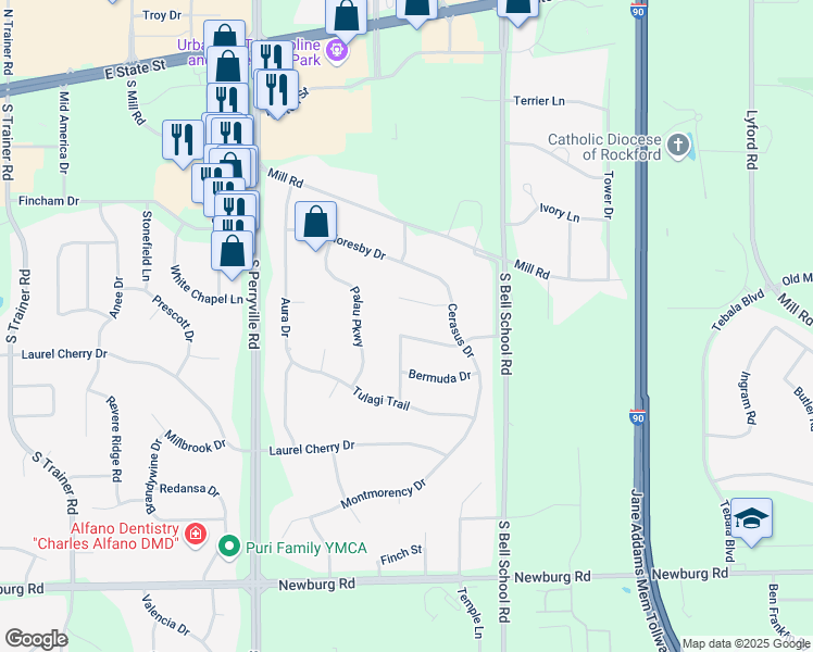 map of restaurants, bars, coffee shops, grocery stores, and more near 7298 Waterford Drive in Rockford