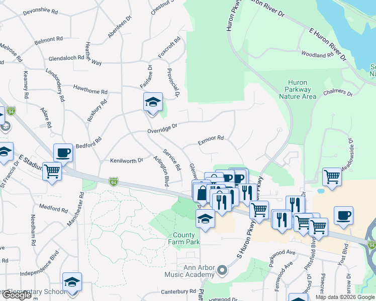 map of restaurants, bars, coffee shops, grocery stores, and more near 2916 Exmoor Road in Ann Arbor