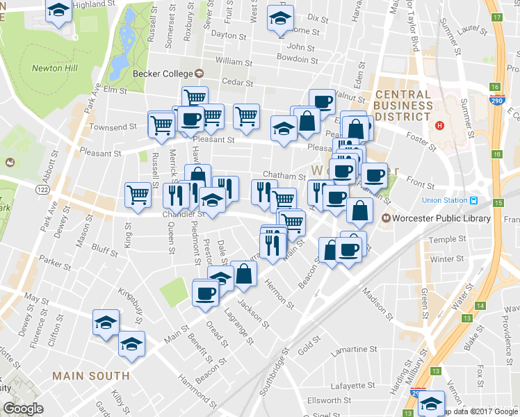 map of restaurants, bars, coffee shops, grocery stores, and more near 79 Austin Street in Worcester