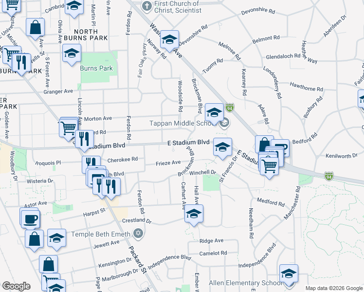 map of restaurants, bars, coffee shops, grocery stores, and more near 2500 Brockman Boulevard in Ann Arbor