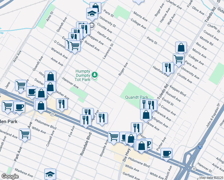 map of restaurants, bars, coffee shops, grocery stores, and more near 14658 Arlington Avenue in Allen Park