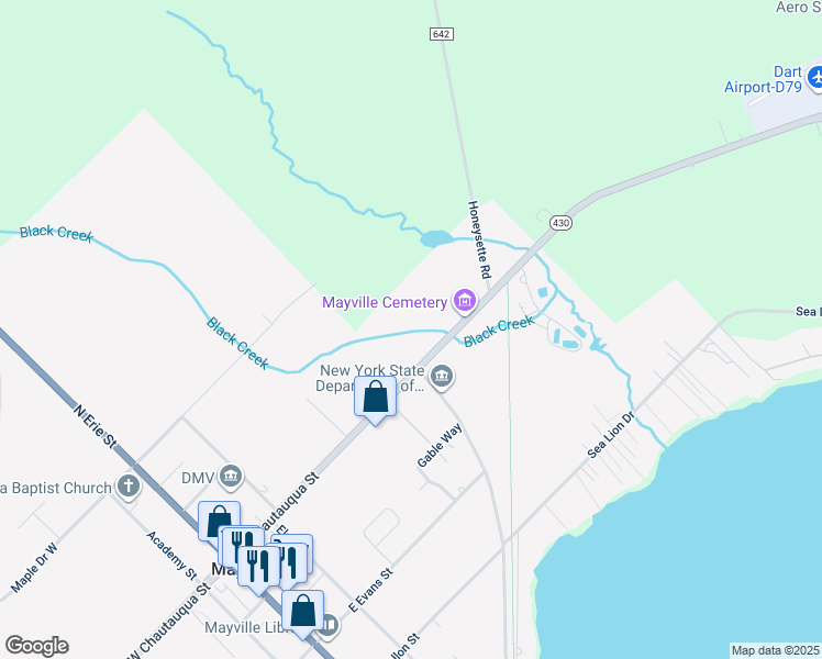map of restaurants, bars, coffee shops, grocery stores, and more near 108 East Chautauqua Street in Mayville