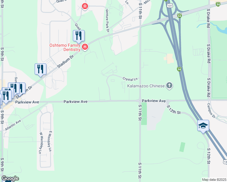 map of restaurants, bars, coffee shops, grocery stores, and more near 3081 Crystal Lane in Kalamazoo