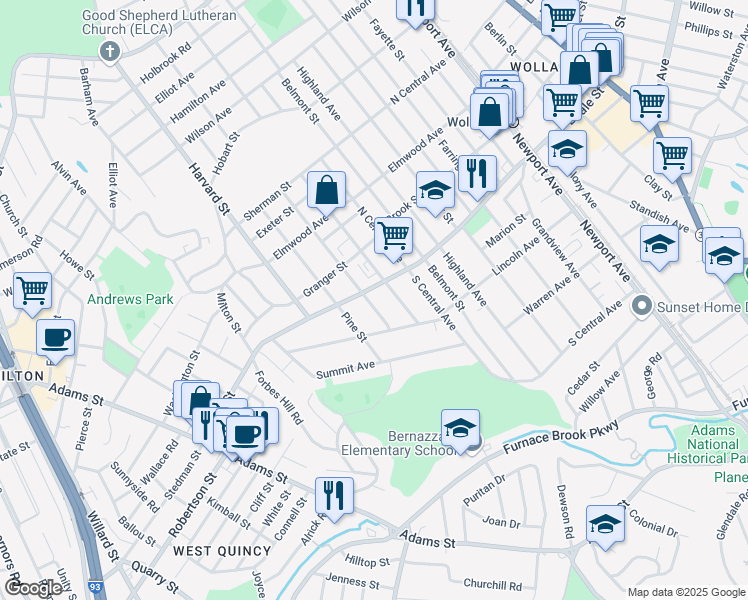 map of restaurants, bars, coffee shops, grocery stores, and more near 216 Norfolk Street in Quincy
