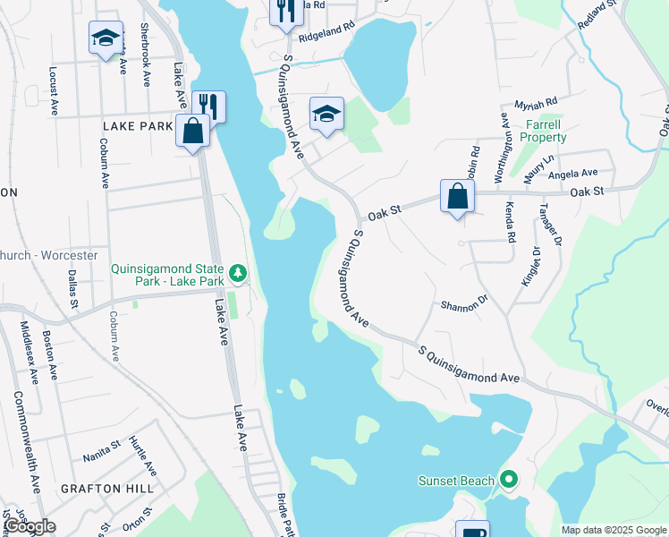 map of restaurants, bars, coffee shops, grocery stores, and more near 218A South Quinsigamond Avenue in Shrewsbury