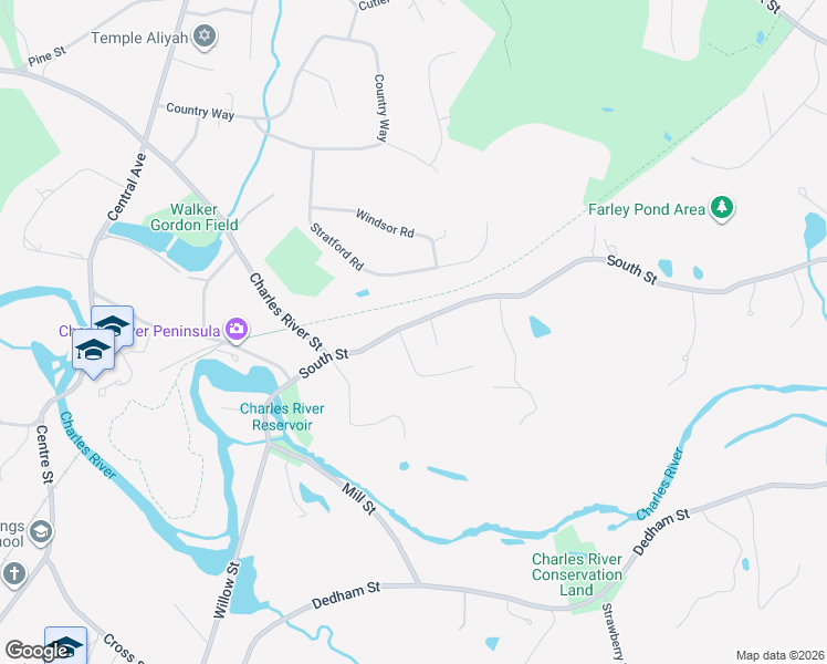 map of restaurants, bars, coffee shops, grocery stores, and more near 1254 South Street in Needham