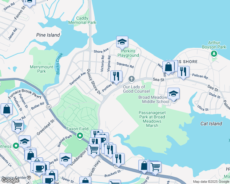 map of restaurants, bars, coffee shops, grocery stores, and more near 175 Sea Street in Quincy