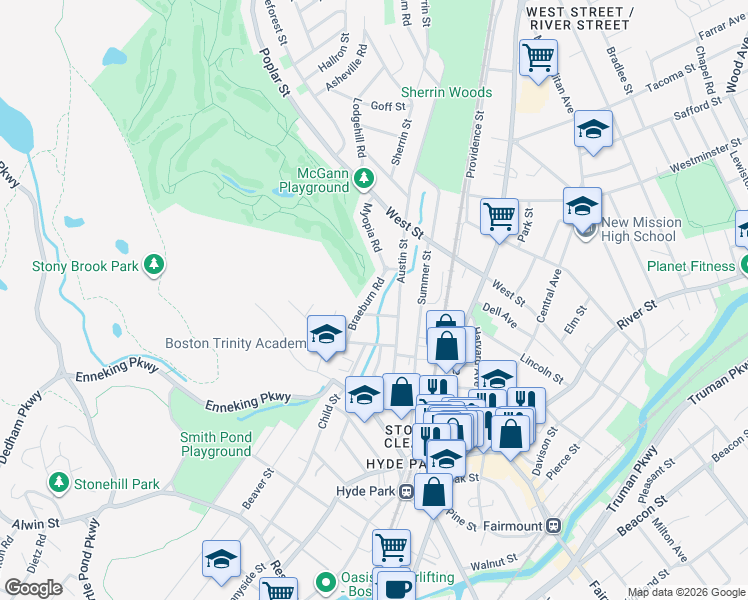 map of restaurants, bars, coffee shops, grocery stores, and more near 26 Braeburn Road in Boston