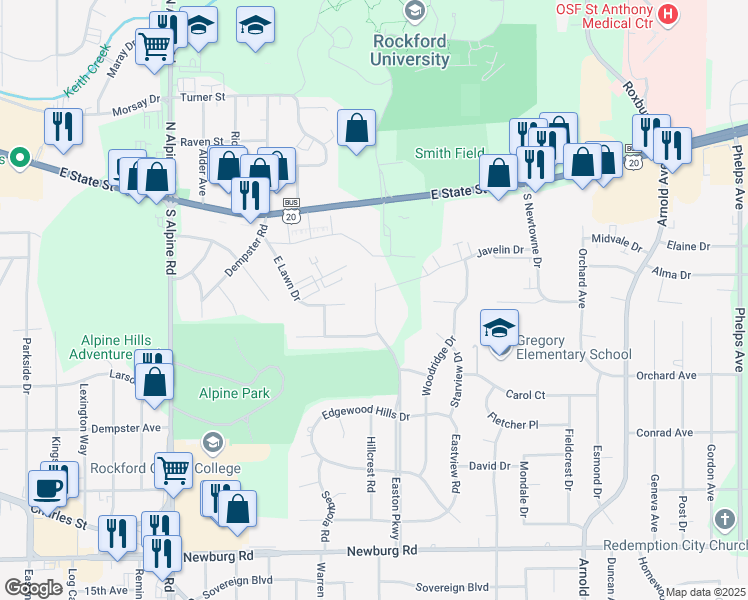 map of restaurants, bars, coffee shops, grocery stores, and more near 740 Easton Parkway in Rockford