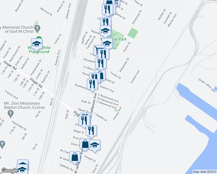 map of restaurants, bars, coffee shops, grocery stores, and more near 29 East Auburn Avenue in Ecorse