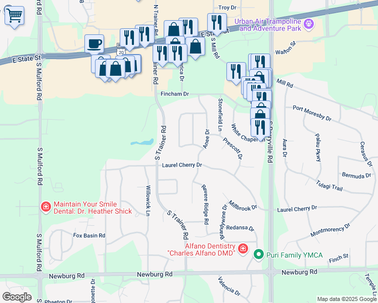 map of restaurants, bars, coffee shops, grocery stores, and more near 6635 Southfield Lane in Rockford