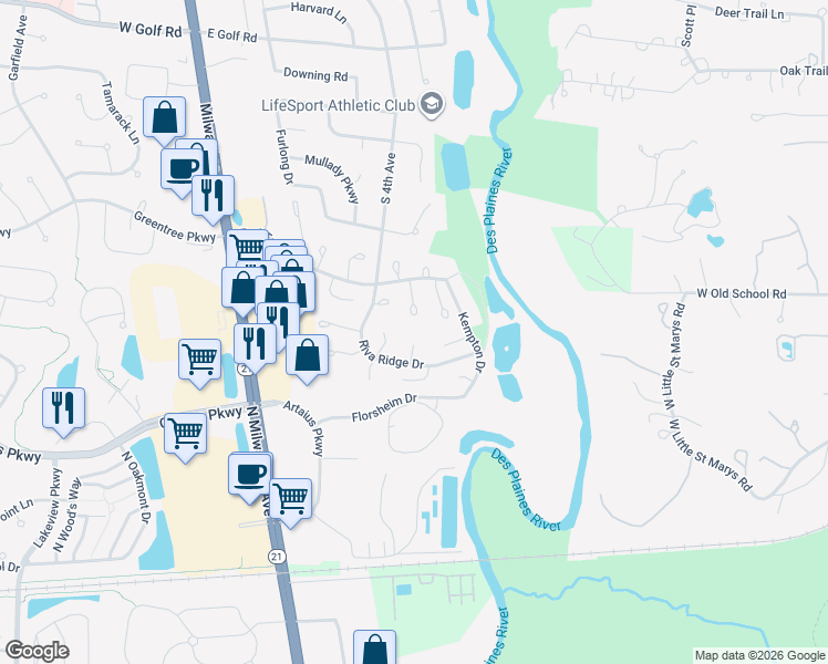 map of restaurants, bars, coffee shops, grocery stores, and more near 1400 Ruidoso Court in Libertyville