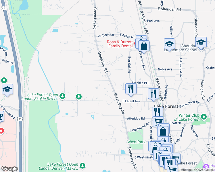 map of restaurants, bars, coffee shops, grocery stores, and more near 1150 Green Bay Road in Lake Forest