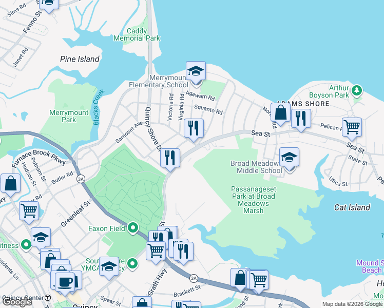 map of restaurants, bars, coffee shops, grocery stores, and more near 175 Sea Street in Quincy