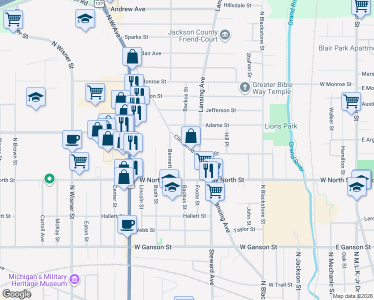 map of restaurants, bars, coffee shops, grocery stores, and more near 939 Backus Street in Jackson
