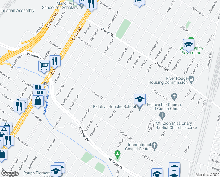 map of restaurants, bars, coffee shops, grocery stores, and more near 3352 South Ethel Street in Detroit