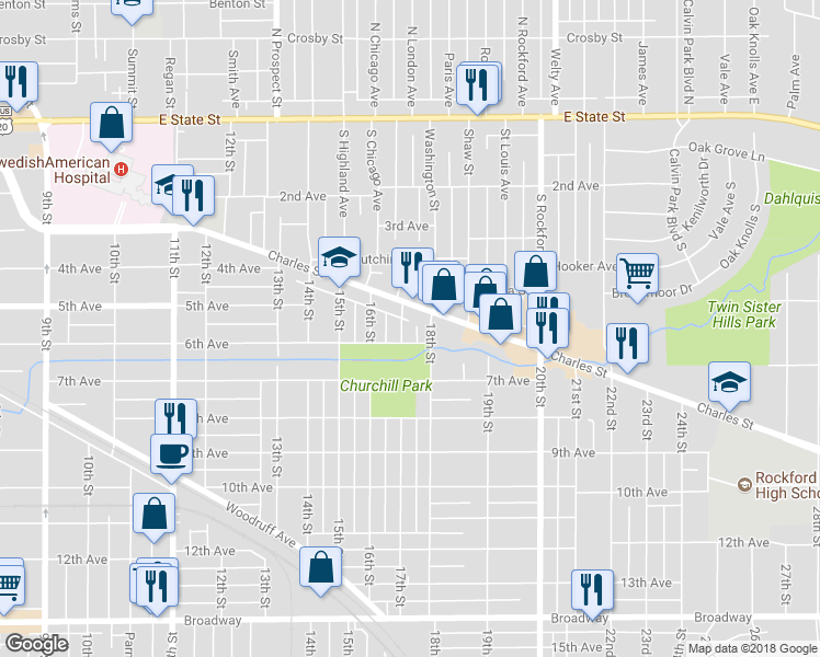 map of restaurants, bars, coffee shops, grocery stores, and more near 624 17th Street in Rockford
