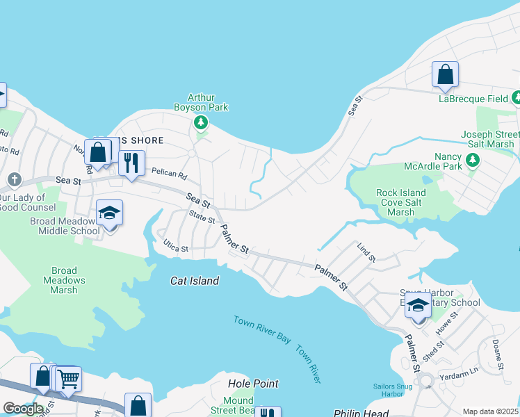 map of restaurants, bars, coffee shops, grocery stores, and more near 587 Sea Street in Quincy