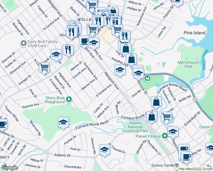 map of restaurants, bars, coffee shops, grocery stores, and more near 17 South Central Avenue in Quincy