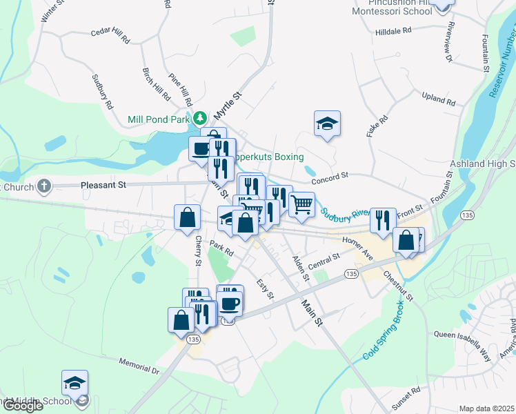 map of restaurants, bars, coffee shops, grocery stores, and more near 18R Concord Street in Ashland