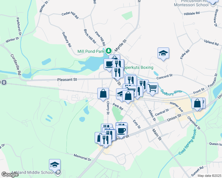 map of restaurants, bars, coffee shops, grocery stores, and more near 53 Cherry Street in Ashland