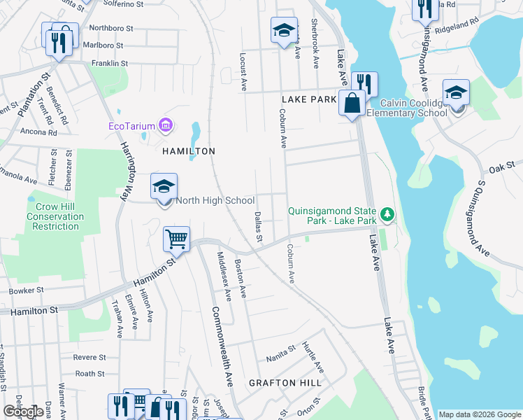 map of restaurants, bars, coffee shops, grocery stores, and more near 15 Palisades Street in Worcester