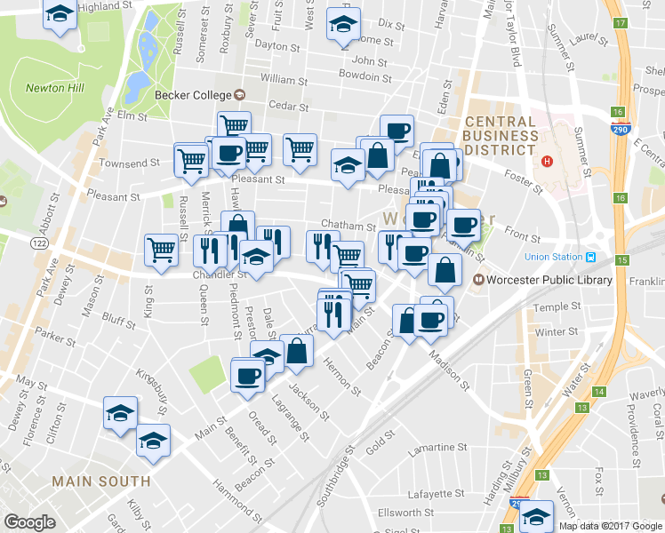 map of restaurants, bars, coffee shops, grocery stores, and more near 79 Austin Street in Worcester