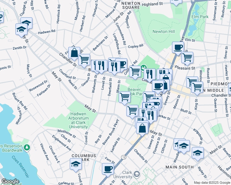 map of restaurants, bars, coffee shops, grocery stores, and more near 20 Mann Street in Worcester