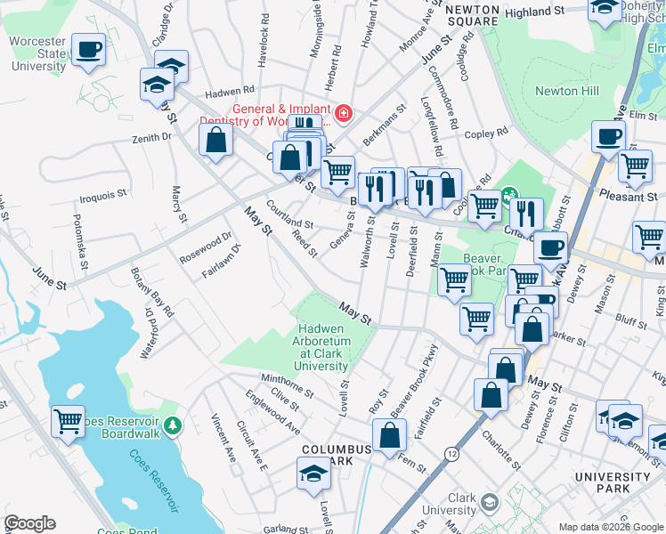 map of restaurants, bars, coffee shops, grocery stores, and more near 53 Reed Street in Worcester