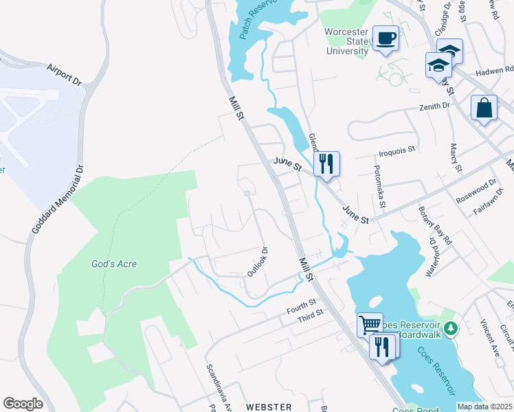 map of restaurants, bars, coffee shops, grocery stores, and more near 22 Swan Avenue in Worcester