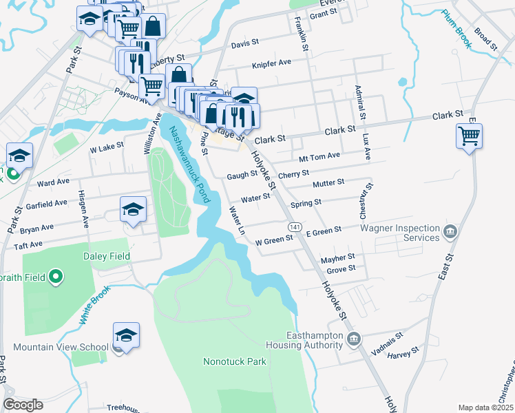 map of restaurants, bars, coffee shops, grocery stores, and more near 8 Water Street in Easthampton