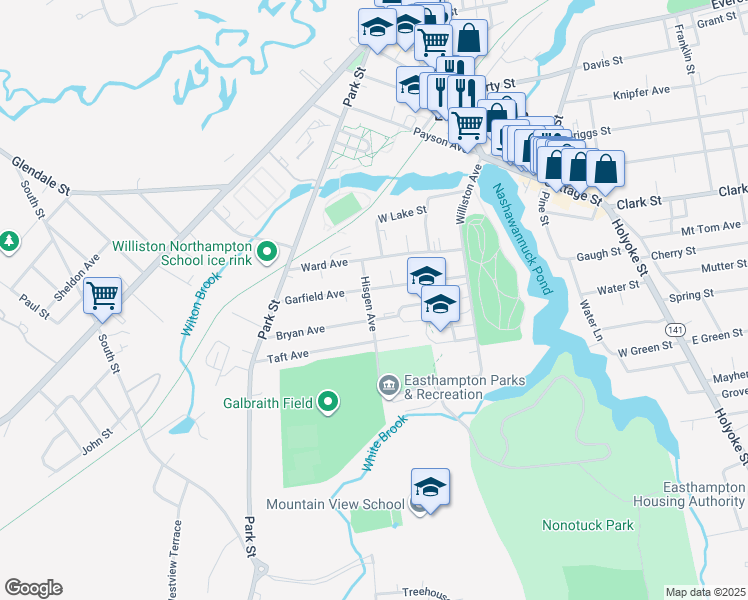 map of restaurants, bars, coffee shops, grocery stores, and more near 46 Garfield Avenue in Easthampton