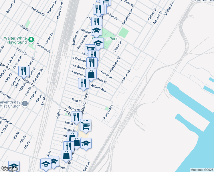 map of restaurants, bars, coffee shops, grocery stores, and more near 57 Orchard Street in River Rouge