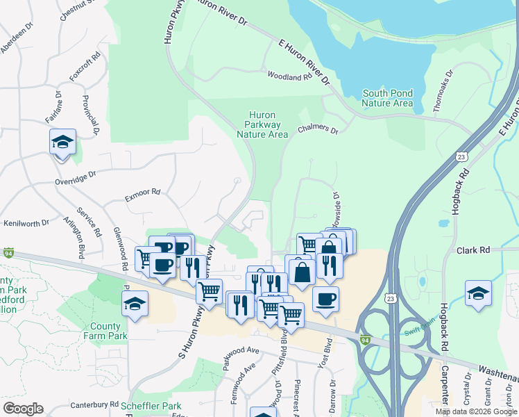 map of restaurants, bars, coffee shops, grocery stores, and more near 1874 Lindsay Lane in Ann Arbor