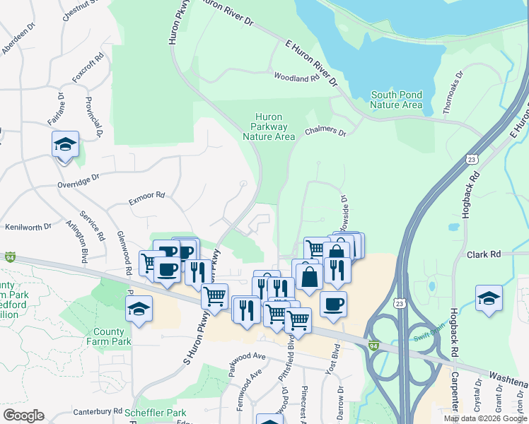 map of restaurants, bars, coffee shops, grocery stores, and more near 1874 Lindsay Lane in Ann Arbor