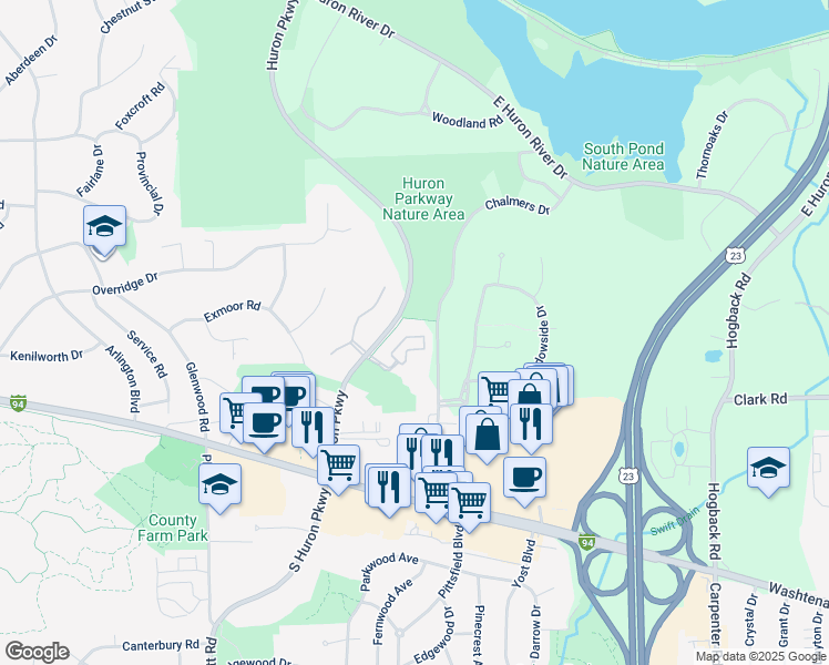 map of restaurants, bars, coffee shops, grocery stores, and more near 1874 Lindsay Lane in Ann Arbor