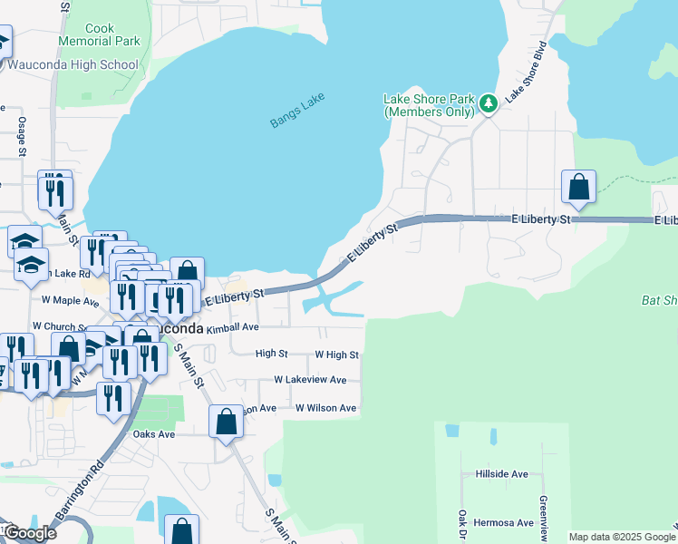 map of restaurants, bars, coffee shops, grocery stores, and more near 620 East Liberty Street in Wauconda