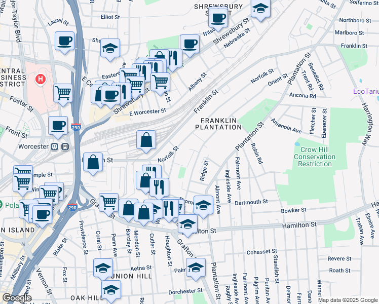 map of restaurants, bars, coffee shops, grocery stores, and more near 2 Shale Street in Worcester